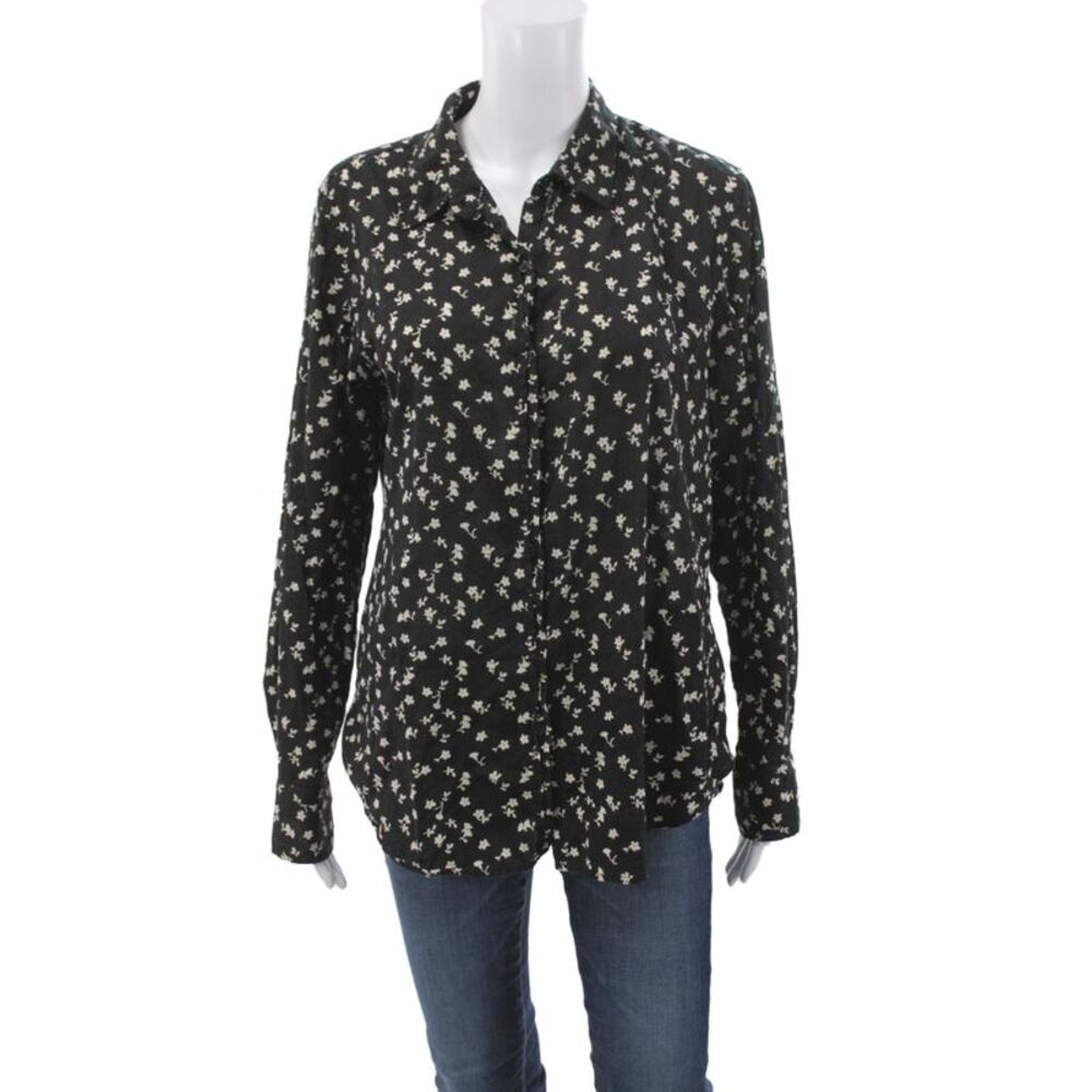 Nili Lotan Womens Black Cotton Floral Tunic Blouse Collared Button Cuff Size L